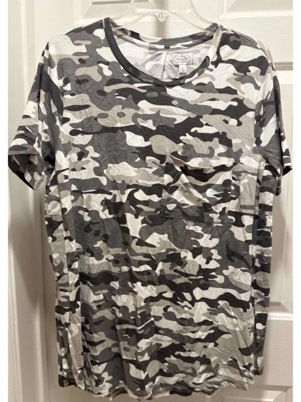 Mud Pie women’s L Large Rae jersey top tunic shirt black gray white camo NWT